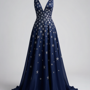 A floor-length starlight illusion gown hand-embroidered with Swarovski crystals. The deep V-neckline and open back creat