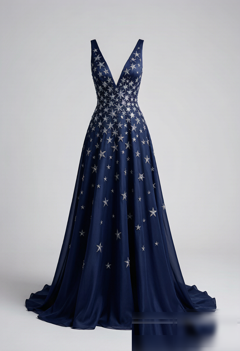 A floor-length starlight illusion gown hand-embroidered with Swarovski crystals. The deep V-neckline and open back creat