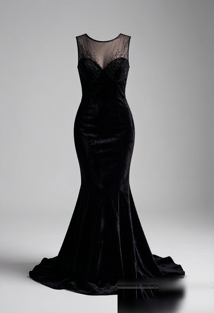 A sculptural mermaid gown in crushed black silk velvet with a dramatic fishtail hem. The illusion sweetheart neckline ad
