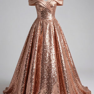 A magnificent full-skirt ball gown covered in hand-applied rose gold sequins. The off-shoulder folded taffeta neckline f