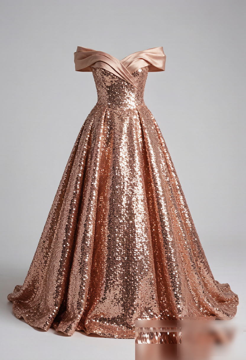 A magnificent full-skirt ball gown covered in hand-applied rose gold sequins. The off-shoulder folded taffeta neckline f