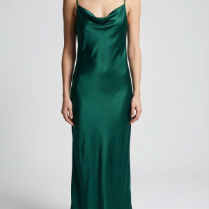 A liquid emerald bias-cut slip gown in 22-momme silk charmeuse. Minimalist, sensual, and impossibly chic — the essence o