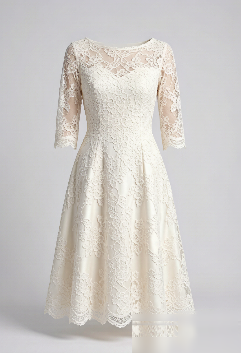 A romantic A-line evening dress in ivory French Chantilly lace over silk satin. Three-quarter sheer sleeves and a bateau