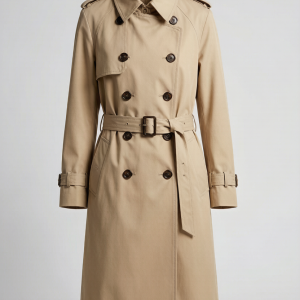 A modern reinterpretation of the classic trench in water-resistant cotton gabardine. Double-breasted with horn buttons,