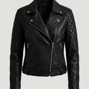 A cropped moto jacket in quilted lambskin leather with silver-tone zippers. The diamond-quilted shoulders and elbows add