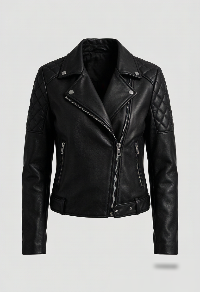 A cropped moto jacket in quilted lambskin leather with silver-tone zippers. The diamond-quilted shoulders and elbows add