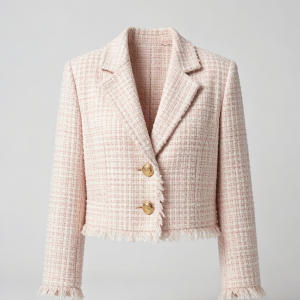 A boxy cropped blazer in pink-and-ivory tweed bouclé with frayed fringe trim. Gold-tone crest buttons and bracelet-lengt