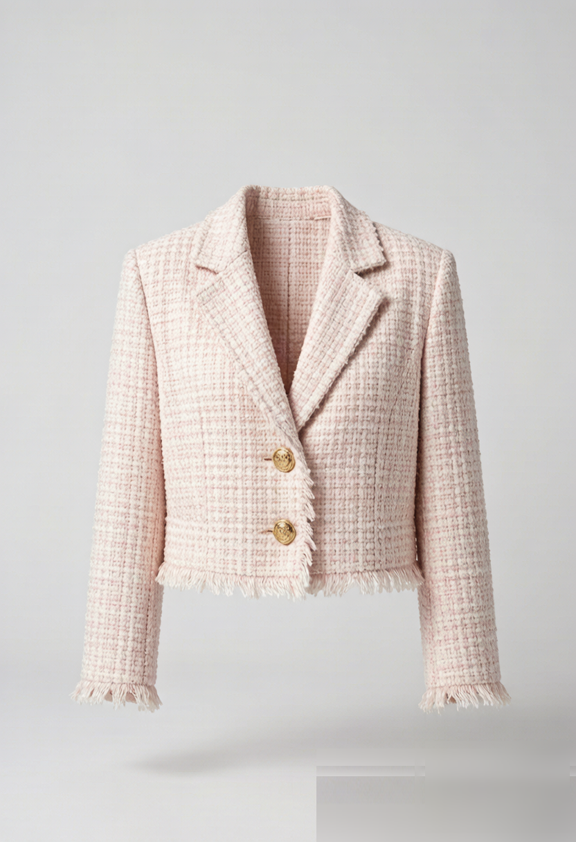 A boxy cropped blazer in pink-and-ivory tweed bouclé with frayed fringe trim. Gold-tone crest buttons and bracelet-lengt