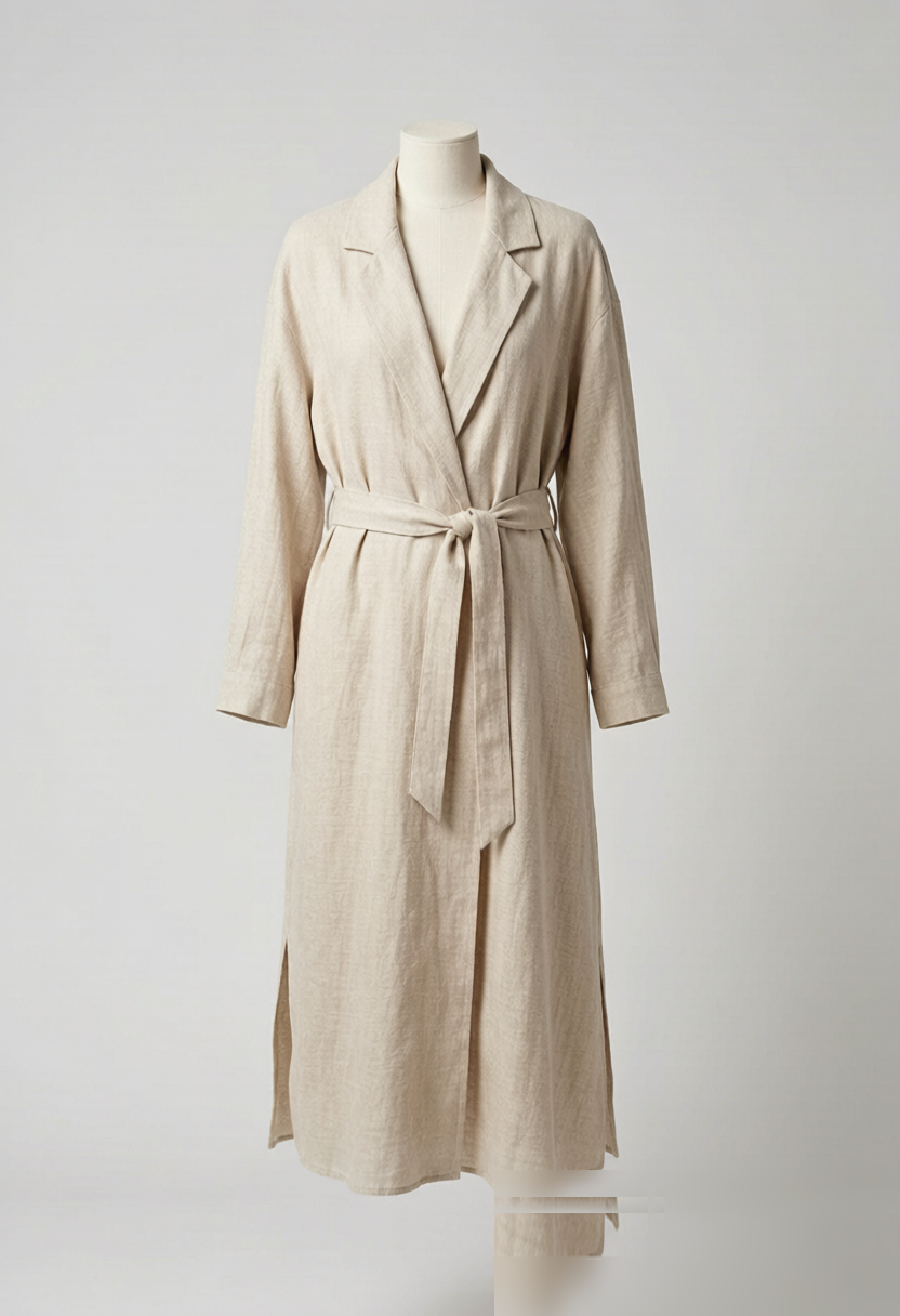 A lightweight ankle-length duster coat in washed Italian linen. The notched collar, removable self-belt, and side slits