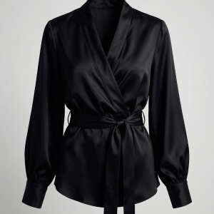 A wrap-front blouse in whisper-weight silk georgette with micro pleats throughout. The V-neckline and self-tie waist cre