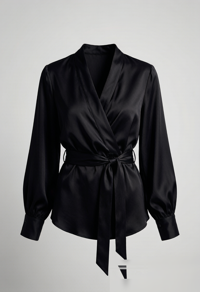A wrap-front blouse in whisper-weight silk georgette with micro pleats throughout. The V-neckline and self-tie waist cre